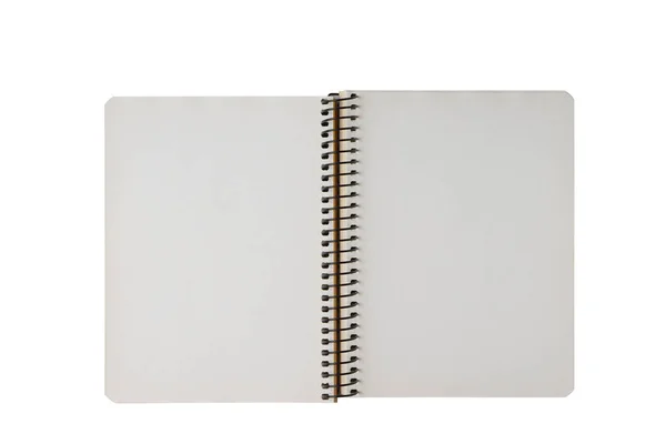 开螺旋装订的记事本 空白白纸 白色背景隔离 顶部视图 模型的复制空间 — 图库照片
