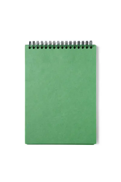 开螺旋装订的记事本 带有手工绿色记事本 白色背景隔离 顶部视图 模型的复制空间 — 图库照片