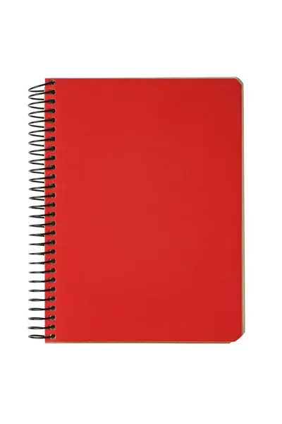 闭合螺旋装订的笔记本 红色封盖 白色背景隔离 顶部视图 模型的复制空间 — 图库照片