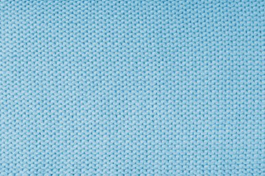 Yapışkan iplikten örülmüş yün kumaşın, mavi renk yün örgü dokusunun arka planını kapat. Kazak, kazak örgü forma arka planı. Kumaş soyut arkaplan, duvar kağıdı