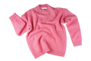 Pembe uçan buruşuk kadın sonbahar örgü süveteri beyaz arka planda izole. Yaratıcı giysi konsepti, modaya uygun sonbahar kışın gıcır gıcır forma kazağı. Moda, satış, sonbahar indirimleri..