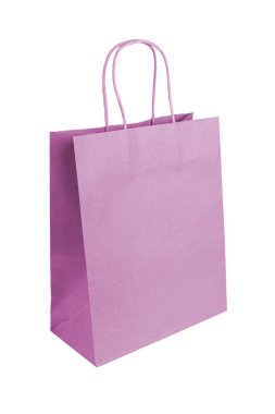 Beyaz arka planda izole edilmiş yiyecek ambalajı için boş pembe el işi kese kağıdı. Geri dönüşümlü kağıttan, ekolojiden, geri dönüşüm konseptinden yapılmış çevre dostu alışveriş torbası. Mokup, kopyalama alanı olan şablon