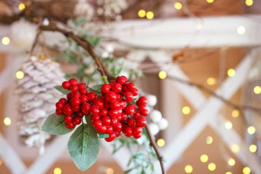 Noel süsü kırmızı böğürtlenler, yeşil yapraklar, parlak ışıklar ve çam kozalakları. Yeni yıl, kış tatili ev dekorasyonu. Duvar kağıdı, kopyalama alanı olan arkaplan