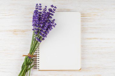 Küçük bir demet taze lavanta, boş sarmal kağıt deftere, beyaz ahşap arka planda not defterine uzanır. Model, kopyalama alanı ile şablon, üst görünüm, düz uzanma
