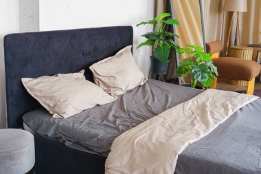 Yatak odası, yastıklı, bej ve gri pamuklu, siyah yatak başlığı arka planında. Yatak odası, rahat yatak odası, dinlenme alanı, uyku alanı..