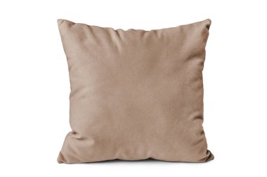 Dekoratif kahverengi kadife dikdörtgen yastık beyaz arka planda izole bir şekilde uyumak ve dinlenmek için. Ev dekorasyonu, yastık kılıfı modeli, tasarım için şablon.