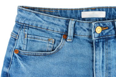 Kot pantolonun ön tarafı. Tasarım ayrıntıları, metal düğme, bel, cep ve küçük cep, makro. Duvar kağıdı, arka plan. Moda konsepti, günlük giyim, iş, alışveriş, satış