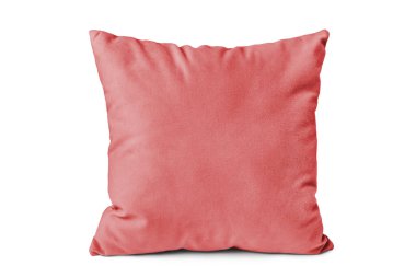 Beyaz arka planda uyuyup dinlenmek için dekoratif kırmızı kadife dikdörtgen yastık. Ev dekorasyonu, yastık kılıfı modeli, tasarım için şablon.