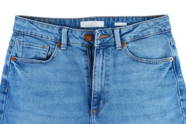 Kot pantolonun ön tarafı. Tasarım ayrıntıları, metal düğme, bel, cep ve küçük cep, makro. Duvar kağıdı, arka plan. Moda konsepti, günlük giyim, iş, alışveriş, satış