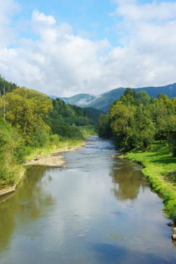 Karpat Dağları 'ndaki yemyeşil orman boyunca uzanan güzel nehir bulutlu mavi bir gökyüzünün altında. Seyahat ve doğa fotoğrafçılığı için ideal bir ortam..