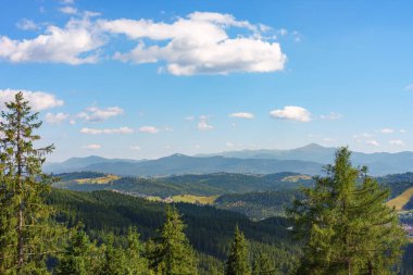 Yeşil kozalaklı orman ve vadilerle kaplı çoklu dağ sırtlarının atmosferik görüntüsü bulutlu gökyüzünün altında kayboluyor. Yaz sisi ve yumuşak güneş ışığı huzurlu ve görkemli bir manzara yaratır..