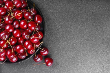 Koyu dokulu arka plana yerleştirilmiş olgun kırmızı kirazla dolu siyah tabağı kapat. Lezzetli yemekler, sulu yaz meyveleri, sağlıklı yiyecekler. Üst görünüm, alanı kopyala