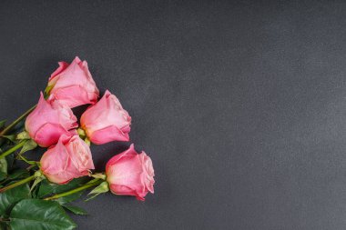 Koyu gri arkaplanda duran zarif pembe güller ve fotokopi alanı. Aşk, romantizm, şefkat ve kutlamayı simgeleyen zarif bir buket. Sevgililer günü, düğün ya da tebrik kartı için mükemmel.