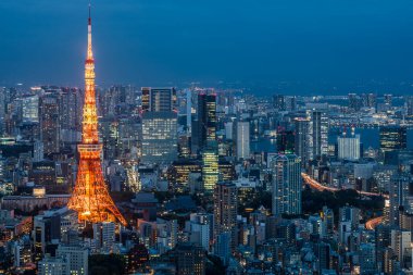 Tokyo Kulesi Gece Işığı ile Tokyo 'nun hava görüntüsü. Japonya Radyo Kulesi (Tokyo Kulesi) ile geceleyin Tokyo 'nun hava görüntüsü aydınlandı