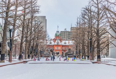 Eski Hokkaido Hükümet Ofisi 'nin tesisleri. Çocuklar kış mevsiminde eski Hokkaido Hükümet Binası (Kırmızı Tuğla Ofisi), Sapporo, Hokkaido, Japonya 'da karda oynarken eğleniyorlar..