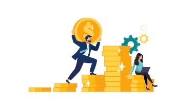 Adam para tablosuna tırmanıyor, yatırım yönetimi. İş adamı para ve para biriktirir. Para ve kar büyümesi, başarıya giden kariyer büyümesi. Altın simgeler, iş analizi, karakter. Vektör illüstrasyonu, Powerpoint, broşür, ofis, iş, bilgi, SEO