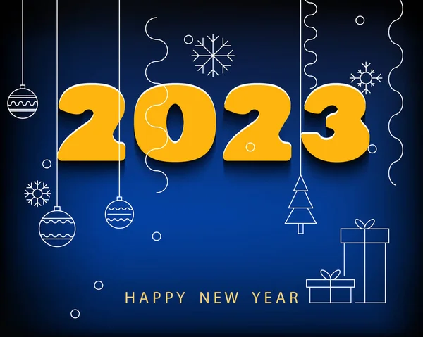 Mutlu Yıllar 2023 Bayrağı Altın Beyaz Numaraların Dizaynı Kar Tanelerinin — Stok Vektör