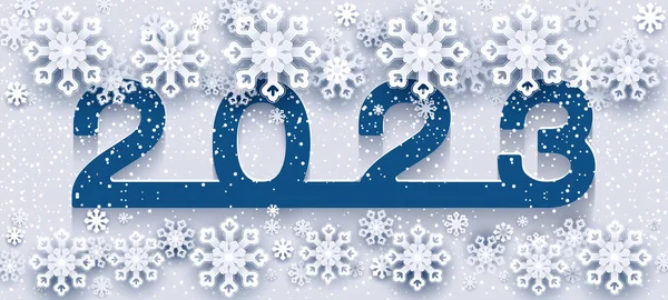 2023海报 数字新年快乐 白色层次纸剪下了亚洲风格的雪花 花朵在蓝色背景上的元素 手机屏幕保护程序的设计 中国艺术 移动应用 2023年 — 图库矢量图片
