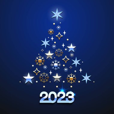 Mutlu yıllar 2023. Mutlu Noeller, Spruce. Düz dizaynlı arka plan, altın Noel süslemeleri, hediye oyuncakları, takılar, kar taneleri, yıldız kompozisyonu. Tebrik kartı, afiş tatili takvimi, afiş, sezon, altın, 2020, dekoratif, takvim