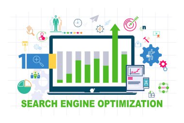 Infographic. Notebook monitor. Top SEO trend to rank your website in 2023. Search Engine Optimization. Business icon template, flat design presentation, sign element.Can be used in business technology, powerpoint, booklet, office, work, infographic,