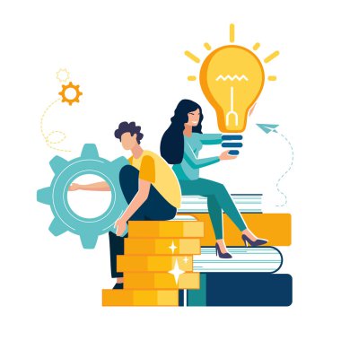 İş konsepti vektör çizimi. Bağlantı mekanizması olan küçük insanlar. Takım çalışması, vitesli adam ve ampullü kız. İş fikirlerini araştır. Başarı, arkaplan, bilgi, Powerpoint, kitapçık, ofis, insan