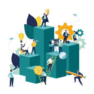 Vektör illüstrasyonu, insanlar bir sütun üzerinde hedeflerine doğru koşuyorlar, motivasyonlarını yükseltiyorlar, hedefe doğru ilerliyorlar. İş büyüme tablosu. Düz tasarım, takım çalışması kavramı, işbirliği, finans gelişimi, düz, erkek, grup, fikir, bayrak, bilgi,