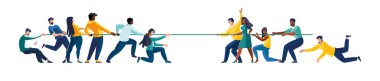 Vektör çizimi. Rekabet sembolü, kurumsal çatışma, çekişme, kayıp. İş konsepti. Engelleri aşmaya yardım, genç iş adamları, kız, etnik, Afrikalı Amerikalı, iş geliştirme, dergi, başarı, klip sanatı, bilgi