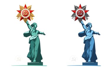 Vektör çizimi. Heykel-anıt anavatanı çağırıyor. 9 Mayıs. Mutlu Zafer Günleri! Vatanseverlik Savaşı 'nın birinci ve ikinci derece emri. Rusça yazıtların çevirisi: Stalingrad Muharebesi, el ilanı, dergi, başarı, klip sanatı, bilgi bilimi