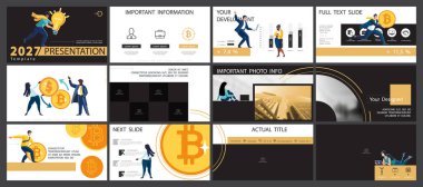 Vektör çizimi. Set, Powerpoint, iş sunumları, para dolaşımı, bitcoin satın alma, tasarruf. Infographic tasarım şablonu, sarı siyah elementler. İnsanlardan oluşan bir ekip bir iş, takım çalışması broşürü, dergi, başarı, sanat, bilgi