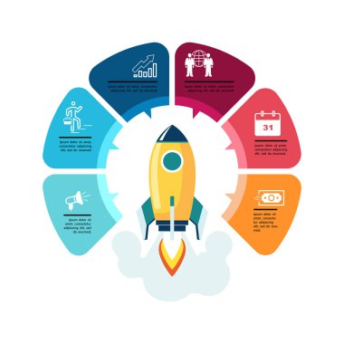 İş simgeleri, başlangıç. Yeni iş fikirlerinin roket fırlatması, bilgi grafikleri. Tasarım ve pazarlama ikonları. İş akışı, web tasarımı, SEO, SERP, finans ve insan yaratmak için kullanılabilir. Vektör illüstrasyon, broşür, dergi, başarı, sanat, bilgi