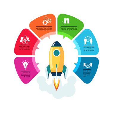 İş simgeleri, başlangıç. Yeni iş fikirlerinin roket fırlatması, bilgi grafikleri. Tasarım ve pazarlama ikonları. İş akışı, web tasarımı, SEO, SERP, finans ve insan yaratmak için kullanılabilir. Vektör illüstrasyon, broşür, dergi, başarı, sanat, bilgi