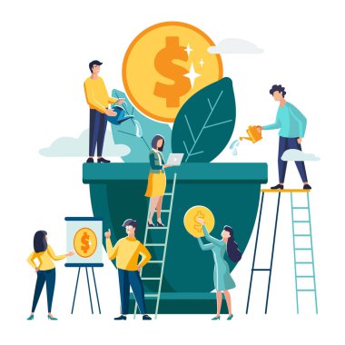 Vektör çizimi. İnsanlar saksıda bitki yetiştirir, paranın doğuşu için bir metafor, takım çalışması. İş konsepti analizi, finansal gelişim. Grafik tasarım proje etkinliği fikri, beyin fırtınası, el ilanı, dergi başarısı, klip sanatı, bilgi aktarımı