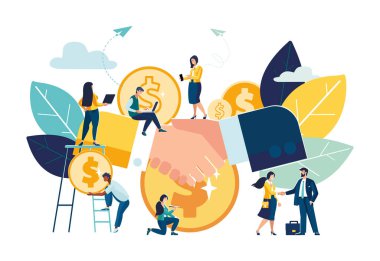 İş kavramı. Vektör illüstrasyonu, mali ortaklık, parti anlaşması, tokalaşma, belge imzalama. Başarılı sözleşme, para, dolar, kopek, küçük işletmeler. Yeşil, inşaat işi, broşür, dergi, başarı, sanat, bilgi