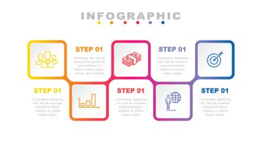 Vektör çizimi. Infographic tasarım şablonu, iş bilgileri, simgeler, sunum, 5 seçenekli. İş akışı, yıllık rapor grafikleri ve web tasarımı oluşturmak için kullanılabilir. İş konsepti, düz el ilanı, dergi, başarı, klip sanatı, bilgi