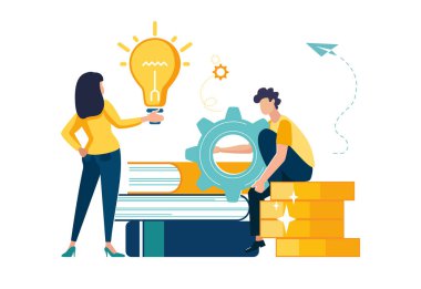 İş konsepti vektör çizimi. Bağlantı mekanizması olan küçük insanlar. Takım çalışması, vitesli adam ve ampullü kız. İş fikirlerini araştır. Başarı, arkaplan, el ilanı, dergi, başarı, klip sanatı, bilgi grafiği