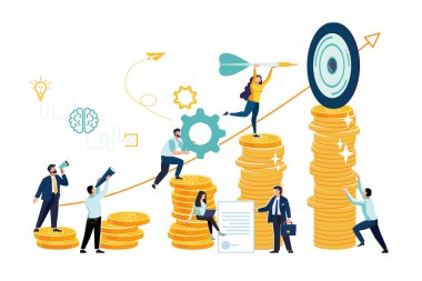 Hedefler ve hedefler, iş büyür ve plan yapar. Hedefleme, pazarlama, iş görevi konsepti. Başarı ve liderlik için strateji planlayan insanlar. Yüksek kazanç, nakit ödül, altın sikkeler, el ilanı, dergi, başarı, klip sanatı, bilgi
