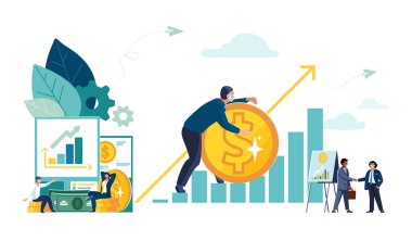 İş vektör illüstrasyonu, bilgi grafikleri okuyan ofis çalışanları. İş adamları, etnik, finansal büyüme analizi, iş geliştirme, yeni fikirler bulmak, şirkette takım çalışması, beyin fırtınası broşürü, dergi başarısı, klip sanatı, bilgi grafiği