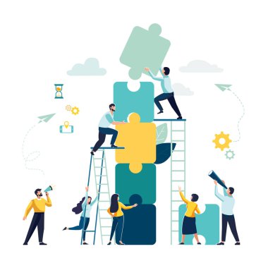 İş konsepti. Takım metaforu. Yapboz elementlerini birbirine bağlayan insanlar. Vektör illüstrasyon düz tasarım tarzı. Hedefler ve hedefler, iş büyür ve plan yapar. Takım çalışması, işbirliği, ortaklık, broşür, dergi, başarı, klip sanatı, bilgi
