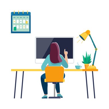 Work at home, Coworking, illustration concept. A young freelancer woman works at home on a computer monitor. People are isolated, self-employed. Active recreation, job.Vector, flat style business girl flyer, magazine achievement clip art, infographic