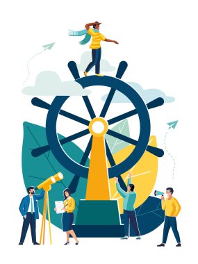 İş dünyasının temsilcisi, yaratıcı bir takımda liderlik vasıfları. Başarılı bir yola yönelme, yeni bir başlangıç için takım çalışması. Hoparlörlü Afrikalı Amerikalı adam, iş adamları, sözleşmeli broşür dergisi, başarı, klip sanatı, bilgi grafiği.