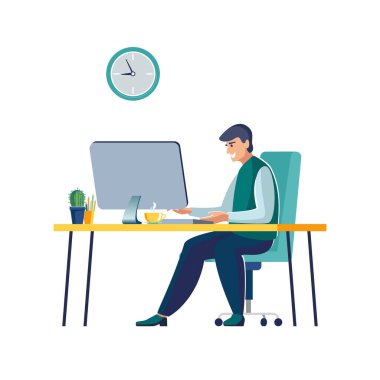 Evde çalışmak, birlikte çalışmak, illüstrasyon konsepti. Evde bilgisayar monitöründe çalışan genç bir serbest çalışan. İnsanlar evlerinde karantinaya alındı. Aktif eğlence, iş. Vektör düz biçim illüstrasyonu, broşür, dergi, başarı, klip sanatı, bilgi