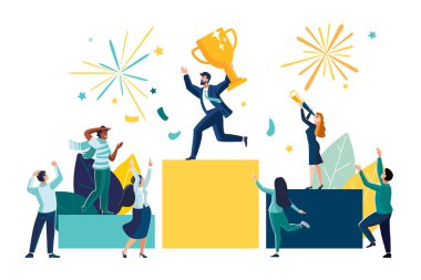 Vektör çizimi. İnsanlar podyumda birinci, ikinci ve üçüncü sıradalar. En iyi sonuç kazanan, bir ödül. Spor, takım çalışması. Altın zafer kupasıyla iş adamı. Finansal başarı, poster broşürü, dergi, başarı, klip sanatı, bilgi