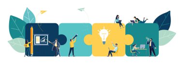 İş konsepti. Takım metaforu. Yapboz elementlerini birleştiren insanlar. Takım çalışmasının, işbirliğinin, ortaklığın simgesi. Başarılı iş kavramı. Düz tasarım biçimi, iş ilanı, dergi, başarı, klip sanatı, bilgi