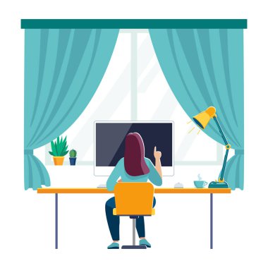 Work at home, Coworking, illustration concept. A young freelancer woman works at home on a computer monitor. People are isolated, self-employed. Active recreation, job.Vector, flat style business girl flyer, magazine achievement clip art, infographic