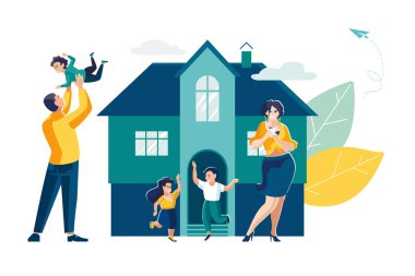 Millet, telefonlu annem. Ebeveynler, yeni bir evin yanında duran çocukları, emlak için genç bir aileye ipotek, konut, konut yatırımları, vektör monokrom illüstrasyonu, yeşil, broşür, dergi, başarı, klip sanatı, bilgi