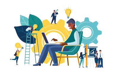 İş grafiklerinin yaratıcı temsili. Takım çalışması, şirket iş dünyasının ortak inşaatına katılır, başarılı olmak için kariyerlerini yükseltir. Kişinin kafası fikirler, insanlar, düşünceler, broşür dergisi başarı klibi sanatı, bilgi grafiği ile doludur.