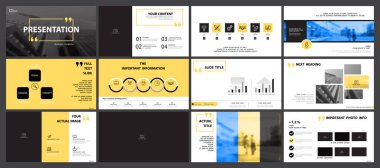 İş sunumu tasarımı sarı ve mavi, beyaz arkaplanda bilgi elementleri. Şehir web tasarımı, pazarlama, güç noktası, iş projesindeki insanların binaları ve inşaatı. Vektör illüstrasyonu, el ilanı başarısı, klip sanatı, bilgi grafiği