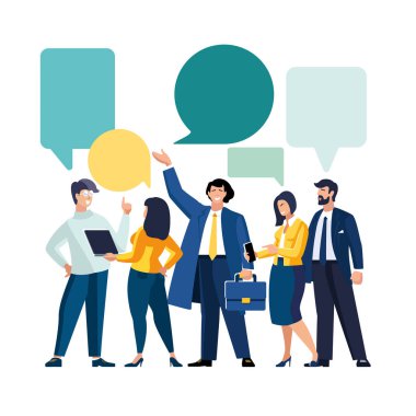 Vektör çizimi, düz stil. Sunum iş icabı. İnsanlar, kadınlar, kızlar, erkekler ve erkekler arasındaki diyalog. İş adamları sosyal ağ, haber, sosyal ağlar, sohbet, diyalog baloncukları, broşür, dergi, başarı, klipsleme sanatı, bilgi