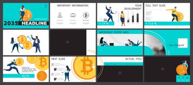 Vektör çizimi. Powerpoint seti, iş sunumları, para dolaşımı, dolar satın alma, bitcoin. Infographic tasarım şablonu, mavi, siyah elementler. Bir grup insan bir iş, el ilanı, dergi, başarı, klipsleme sanatı, bilgi grafiği yaratıyor.