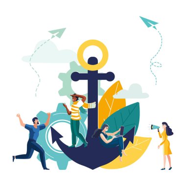 İş vektör illüstrasyonu. Yaratıcı bir takımda liderlik vasıfları başarılı bir yolda ilerlemek. Başlangıçta takım çalışması, işe güven yaklaşımı. İnsanlar, takım çalışması, sunucu, pusula, iş, broşür, dergi, başarı, klip sanatı, bilgi